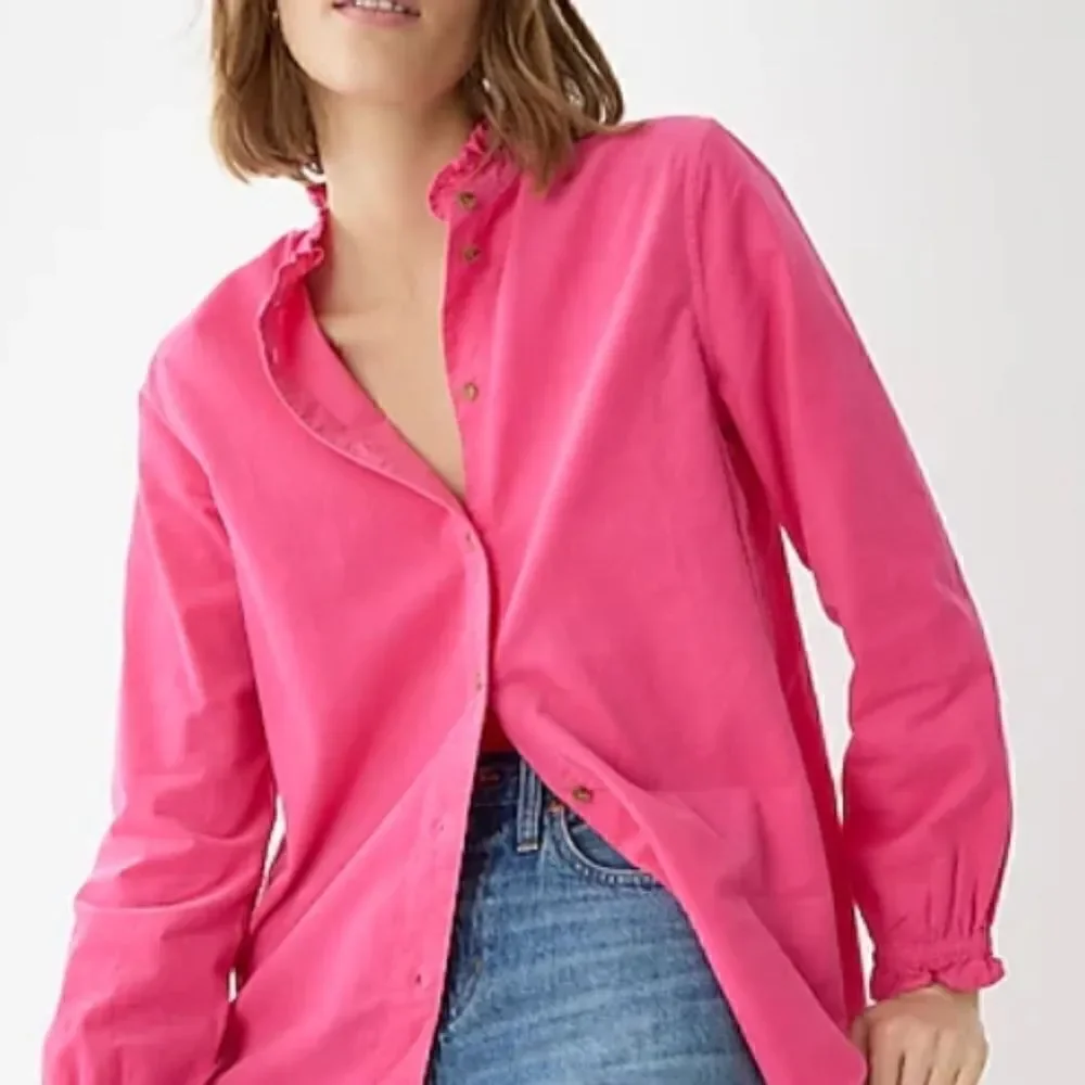 J CREW Corduroy Ruffleneck Hot Pink Button Down Shirt Sz 0 NWT